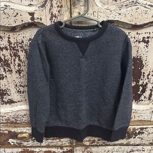 Dark Charcoal Gray Crewneck Sweater with V-shaped Insert and Heathered Texture